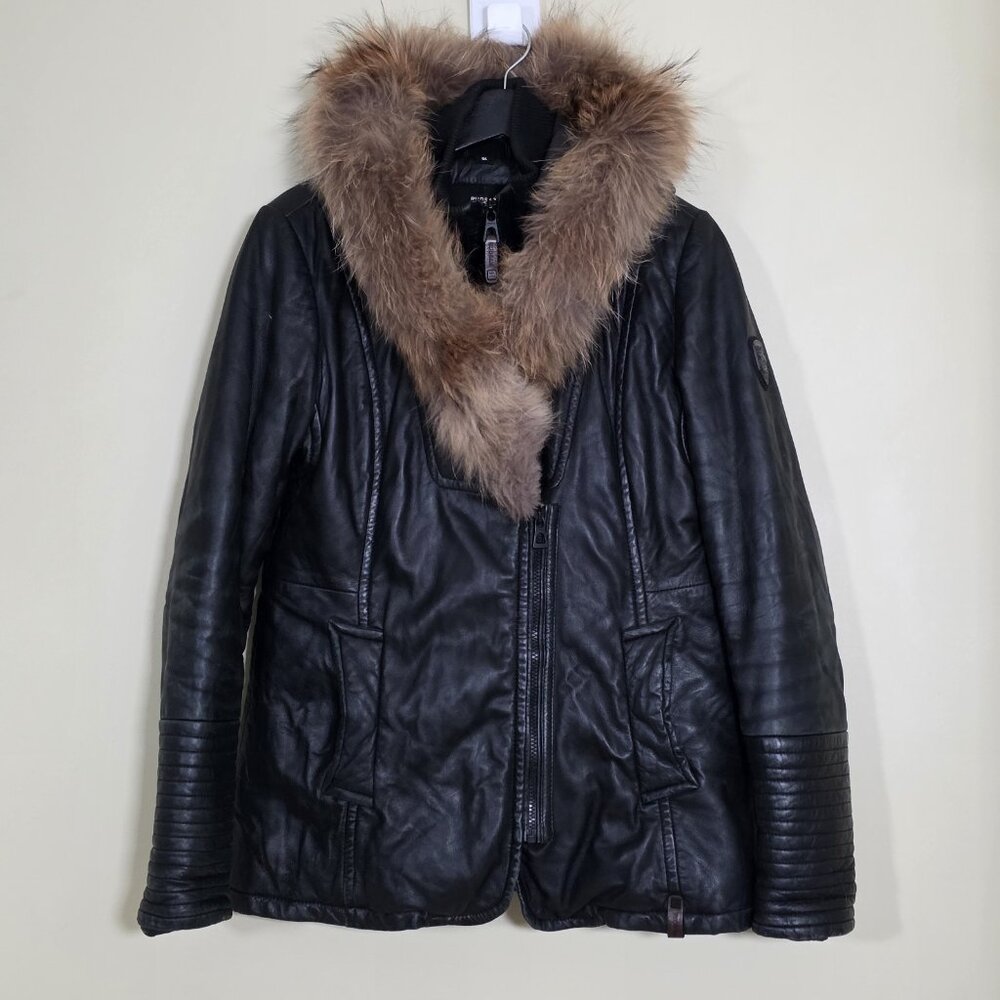 Rudsak Leather Jacket Women L Black LS Raccoon Fur Hood Trim Quilted Liner Edgy